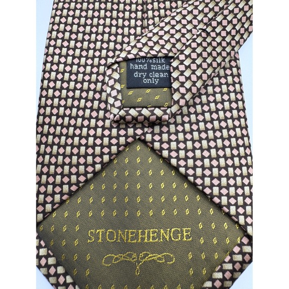 Stonehenge Mens Silk Necktie Brown Gold Pink Geometric Hand Made Business - Picture 3 of 4